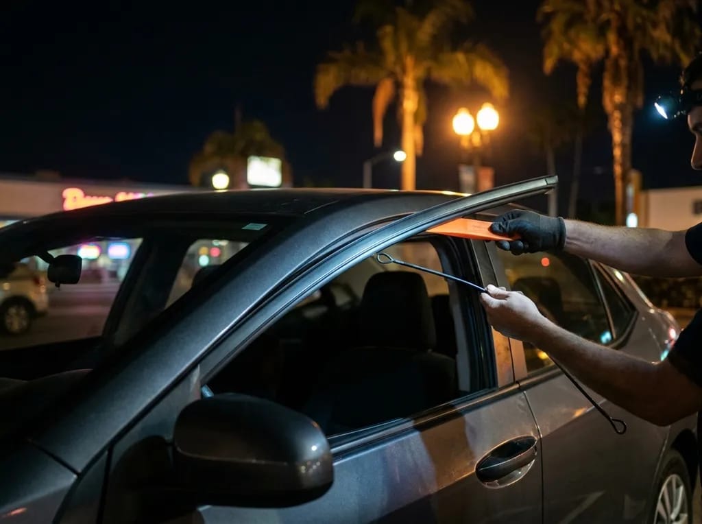 Locksmith opening a locked car with a wedge and reach tool at night in a downtown Oceanside parking lot