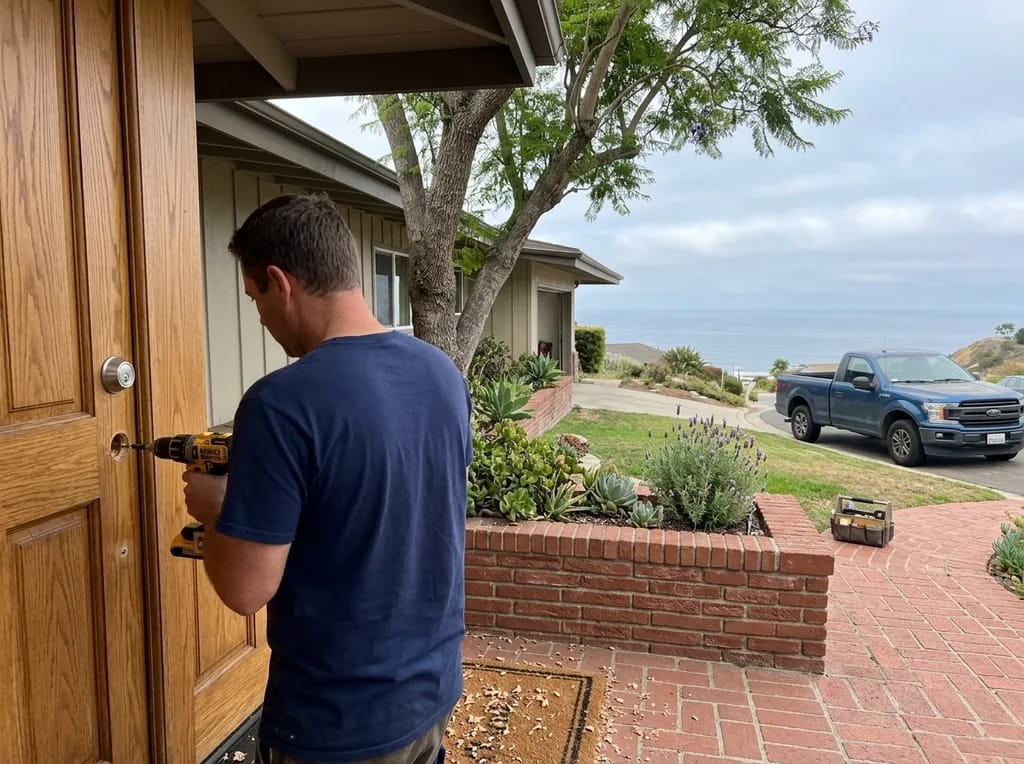Locksmith drilling a new deadbolt into the front door of a 1960s ranch home in Fire Mountain, Oceanside