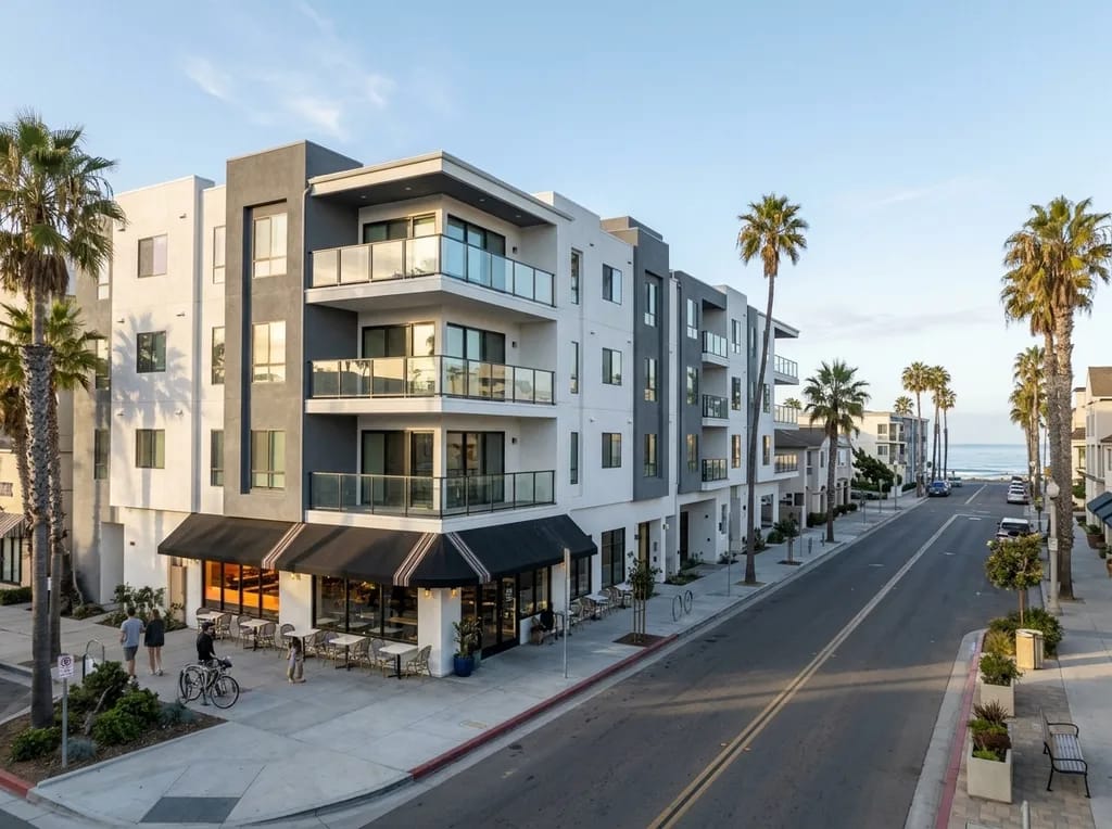 Modern condo building on Pier View Way in downtown Oceanside