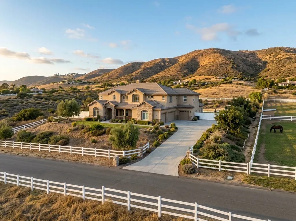Two-story home with white ranch fencing and a horse paddock in Jeffries Ranch, Oceanside