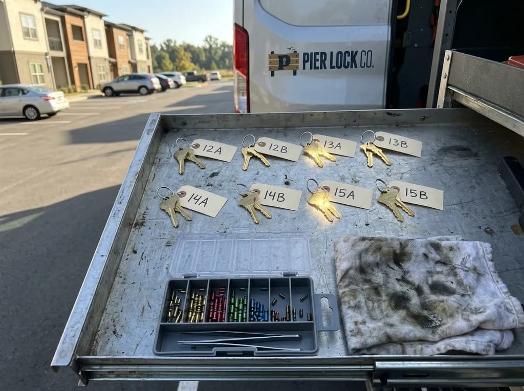 Keyed-alike apartment keys tagged by unit number on a locksmith van work tray in Oceanside