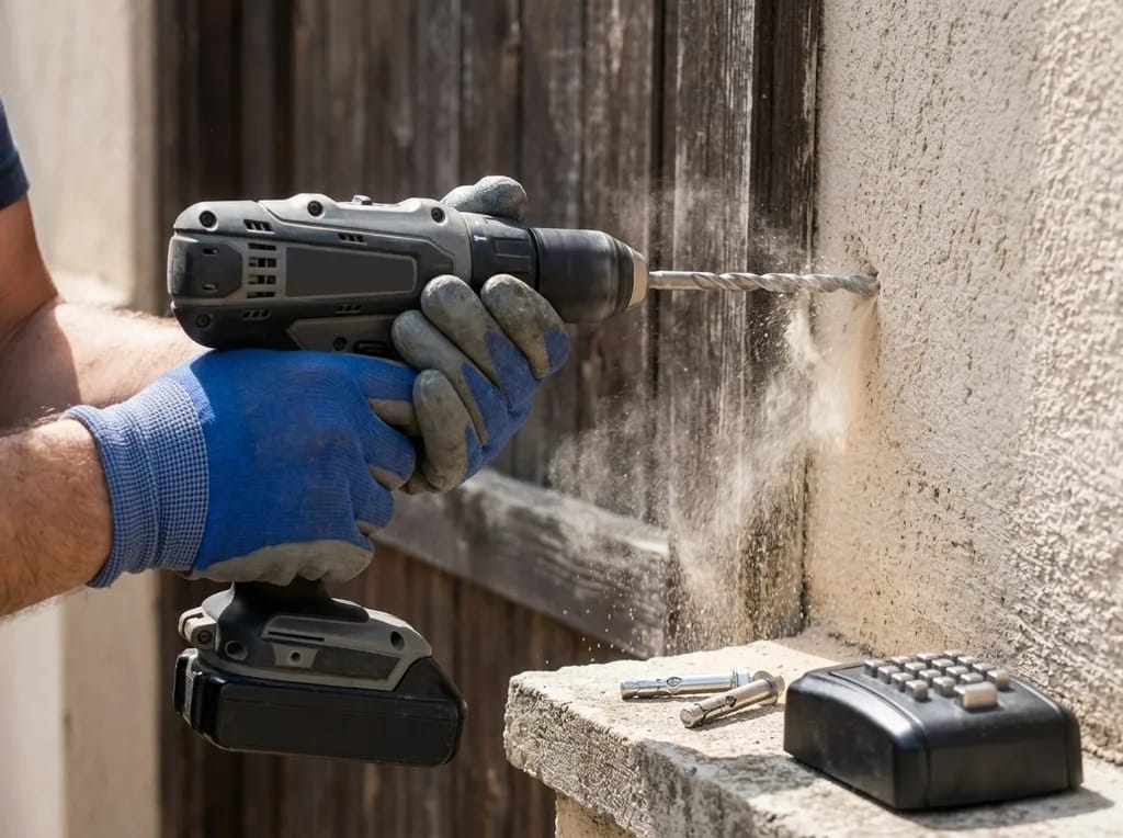 Locksmith drilling stucco for anchors to mount a keypad lockbox in Oceanside