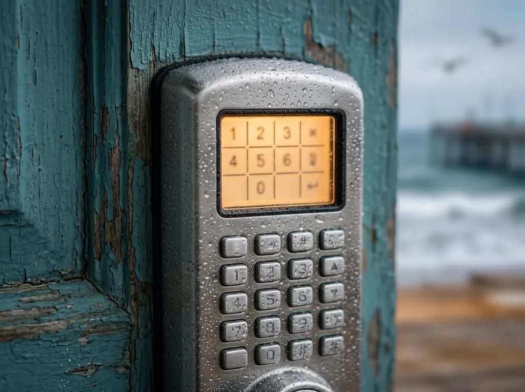 Close-up of a marine-grade keypad deadbolt with a lit screen on a teal cottage door in South Oceanside