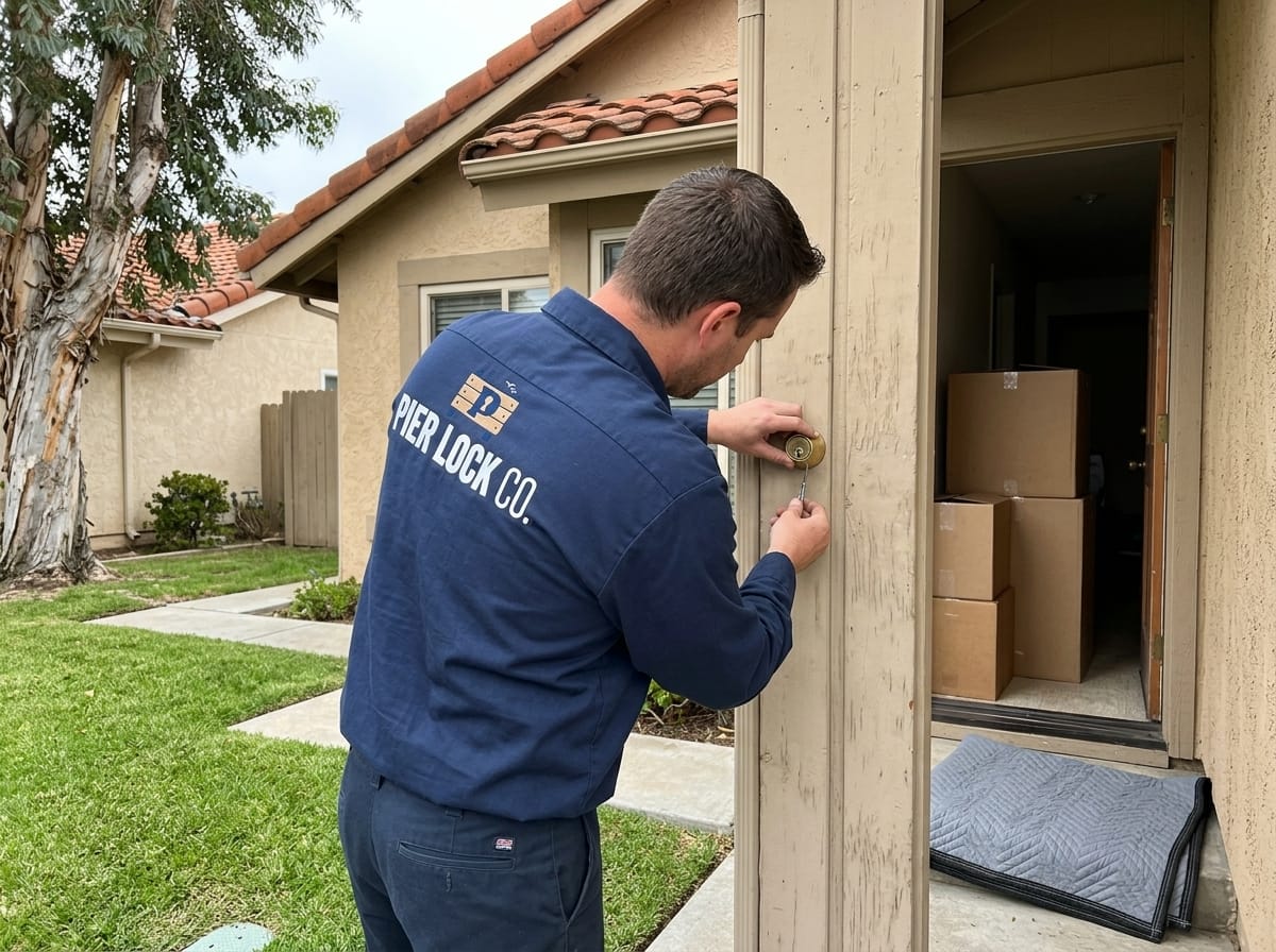 Locksmith rekeying the front door of a stucco tract home in Rancho Del Oro, Oceanside, with moving boxes inside