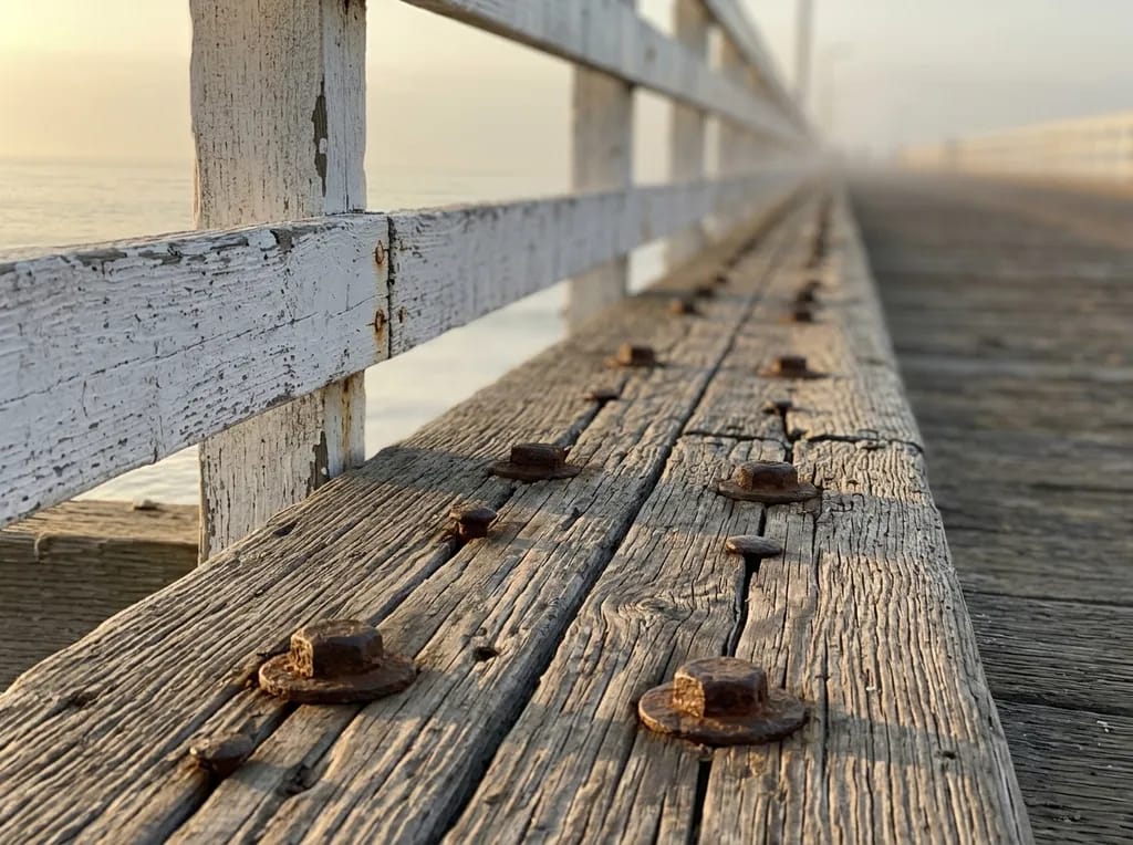 Weathered wood planks and white railing of the Oceanside Pier in morning fog