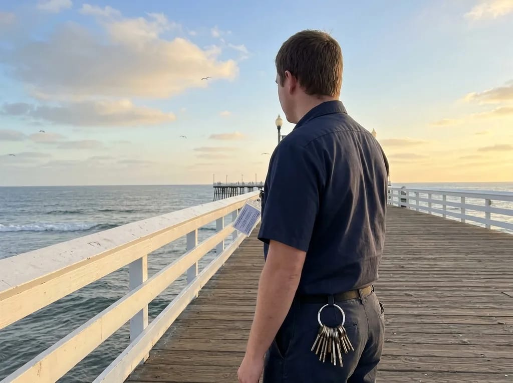 Pier Lock Co. locksmith on the Oceanside Pier holding a ring of keys