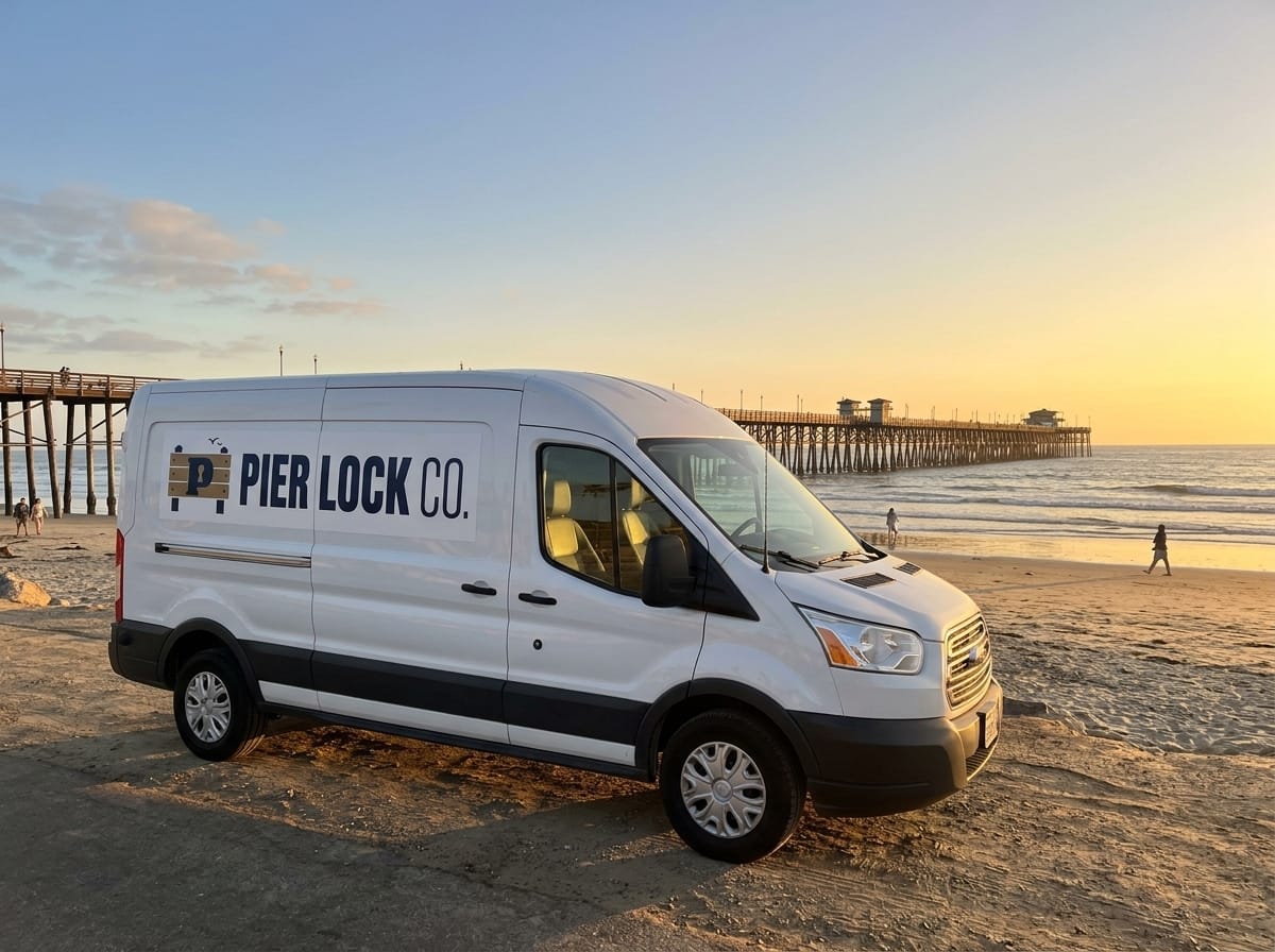 Pier Lock Co. locksmith van parked on the sand at The Strand with the Oceanside Pier at sunset
