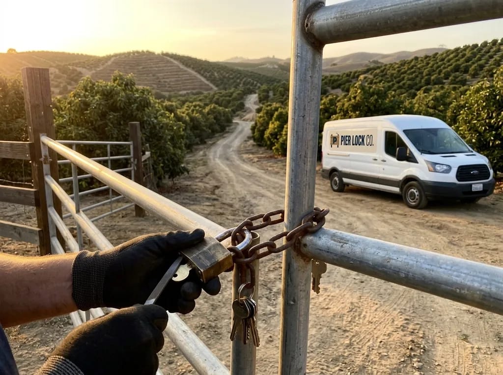 Locksmith servicing a ranch gate padlock on a Morro Hills road between avocado groves, Oceanside