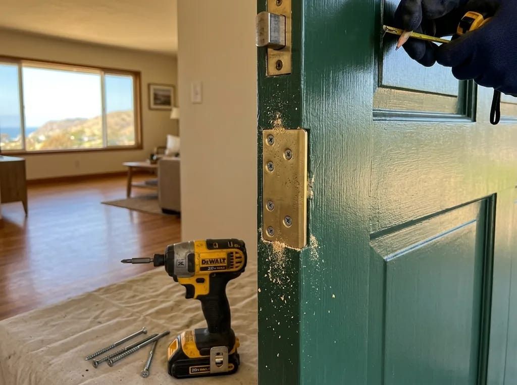 Reinforced strike plate with long screws installed on a green front door in Fire Mountain, Oceanside