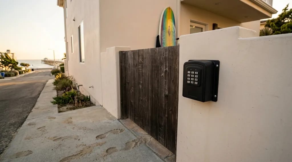 Wall-mounted keypad lockbox beside a side gate at a beach rental near Pier View Way, downtown Oceanside