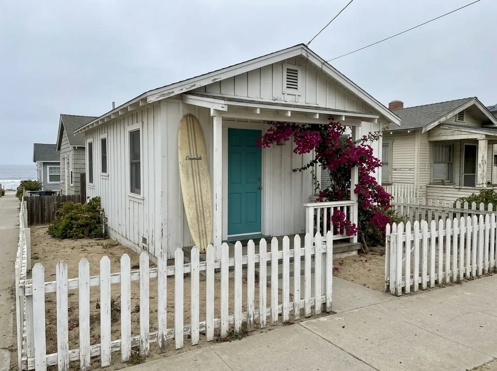 Beach cottage with a picket fence and surfboard on South Pacific Street, South Oceanside